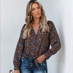 Haughty Ashbury Floral Button Down Tie Blouse, Small, Navy